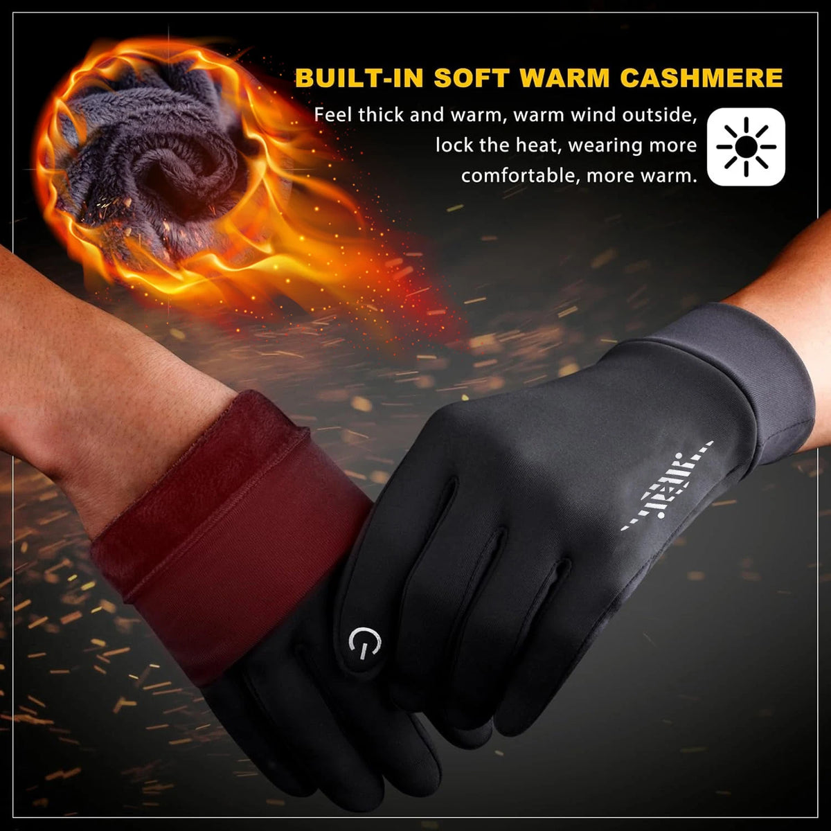 Black thermal gloves with a red cuff shown on a hand, emphasizing built-in soft warm cashmere.