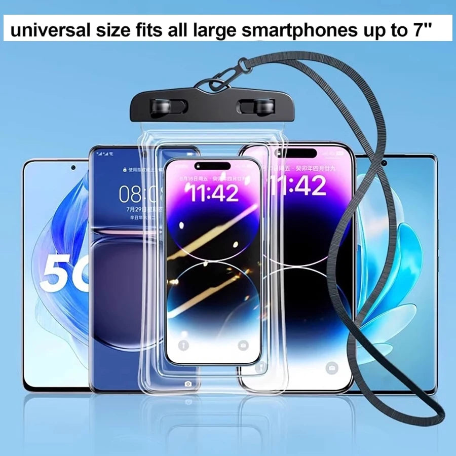 Estuche universal claro para teléfono que cabe en smartphones grandes de hasta 7 pulgadas, mostrado con un cable de carga.