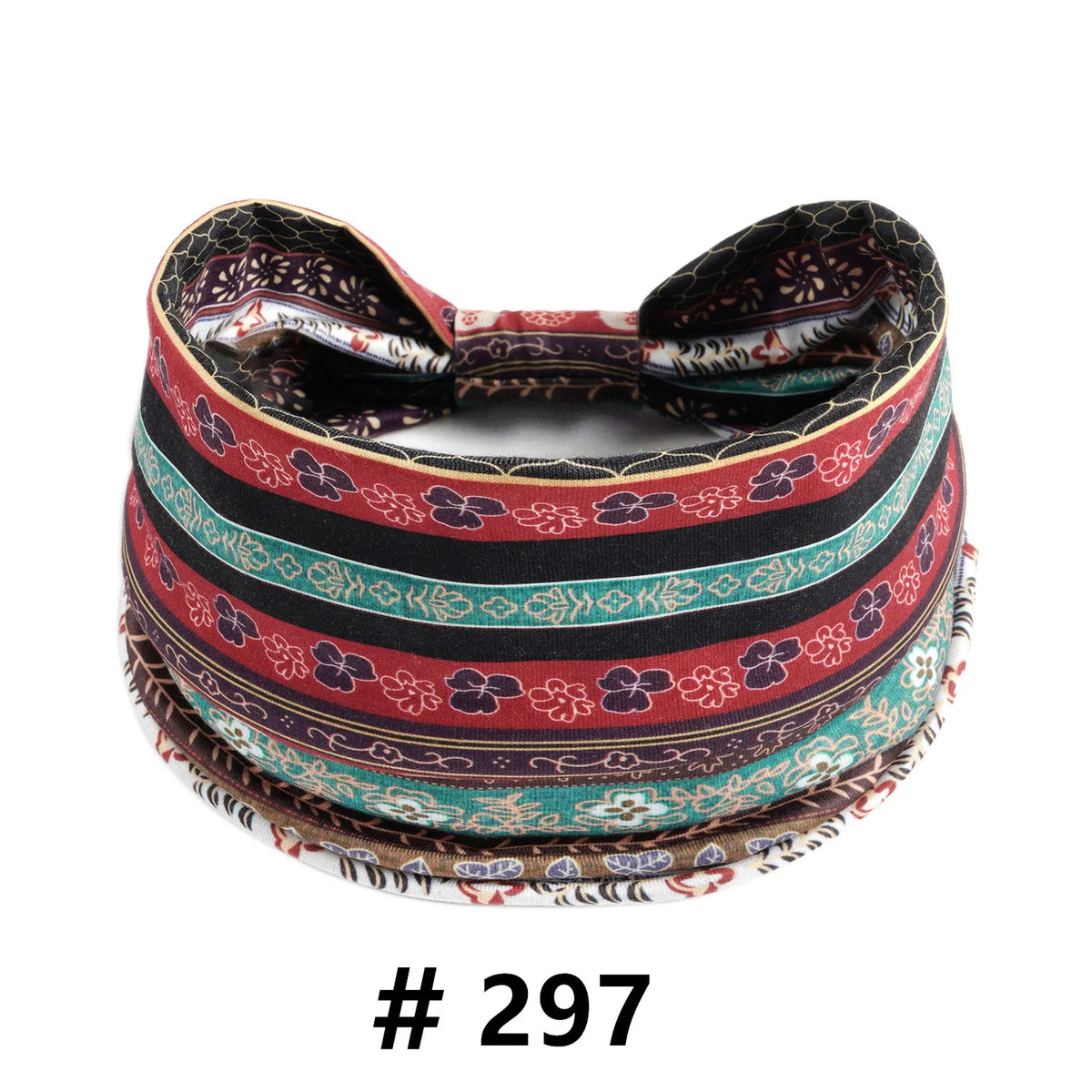 A colorful patterned boho cotton turban headband with a tie, featuring stripes of red, black, and teal.