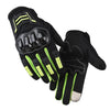 A pair of black motorcycle riding gloves with neon yellow accents shown in a close-up view.