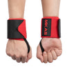 A pair of black and red wrist support wraps shown on a hand, demonstrating the fitness product.