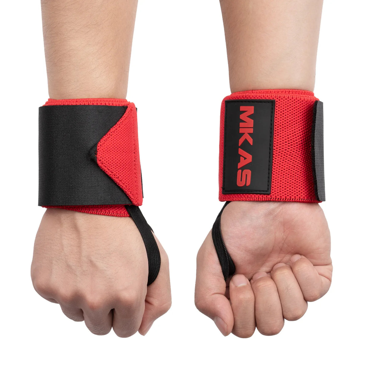 A pair of black and red wrist support wraps shown on a hand, demonstrating the fitness product.
