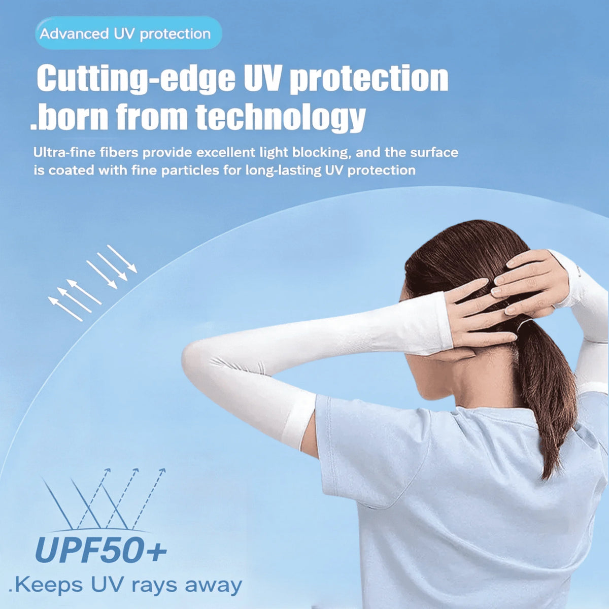 A person is shown wearing white ice silk arm sleeves for UV protection against sunlight.