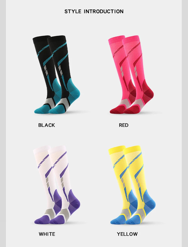 A collection of compression leg and calf socks in black, red, white, and yellow colors displayed vertically.