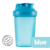 A light blue leak-proof shaker bottle with a flip cap and a wire whisk accessory.