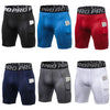 Un set de cuatro shorts deportivos de compresión de secado rápido para hombre en negro, azul, rojo y gris.