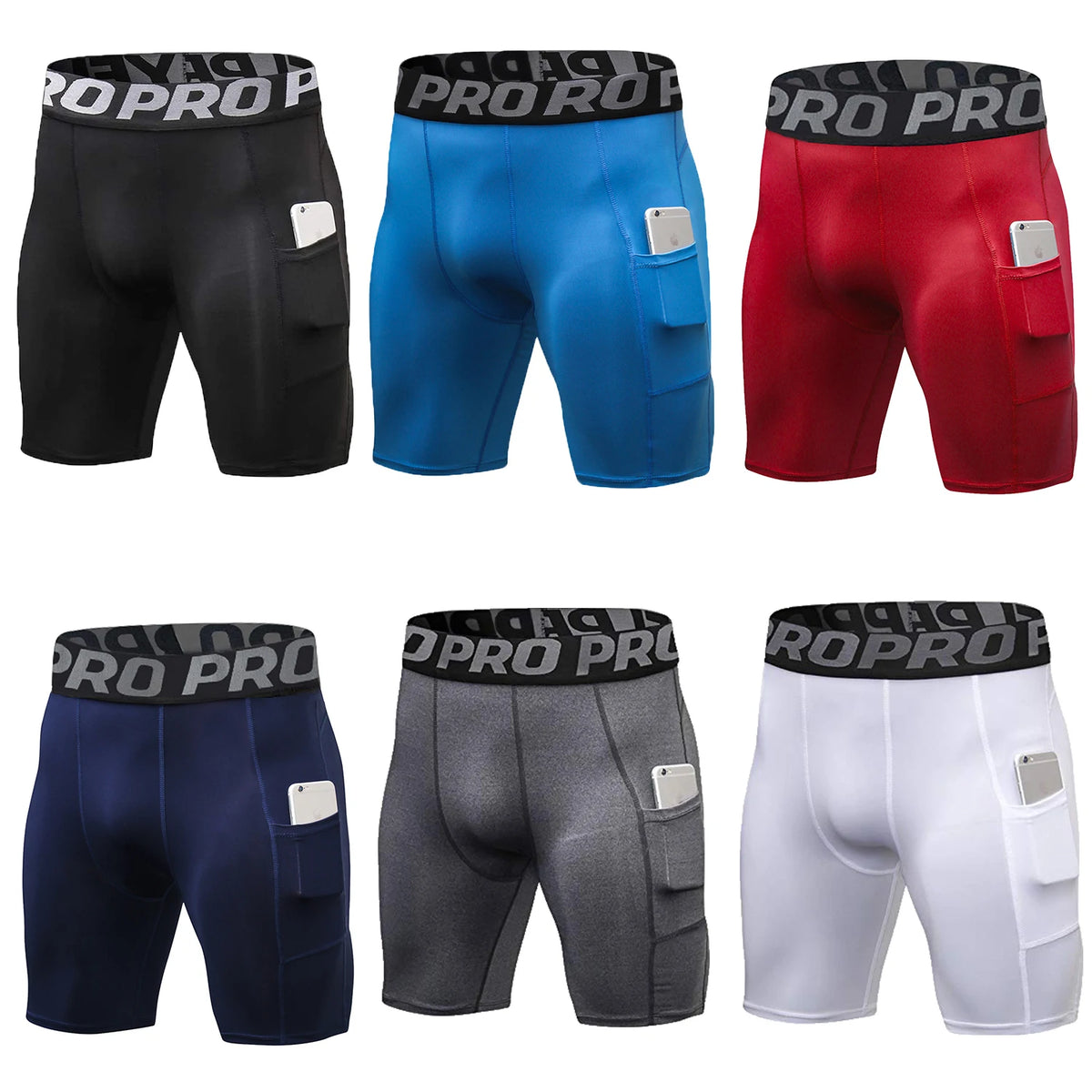 Un set de cuatro shorts deportivos de compresión de secado rápido para hombre en negro, azul, rojo y gris.