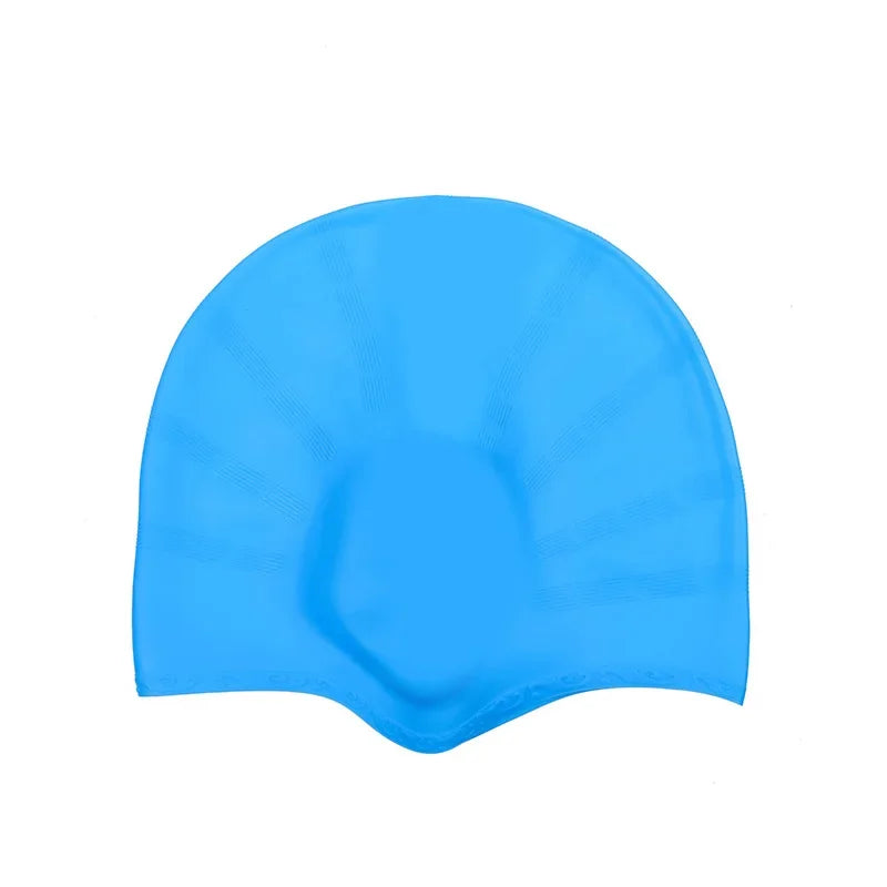 A bright blue waterproof silicone swimming cap designed for long hair.