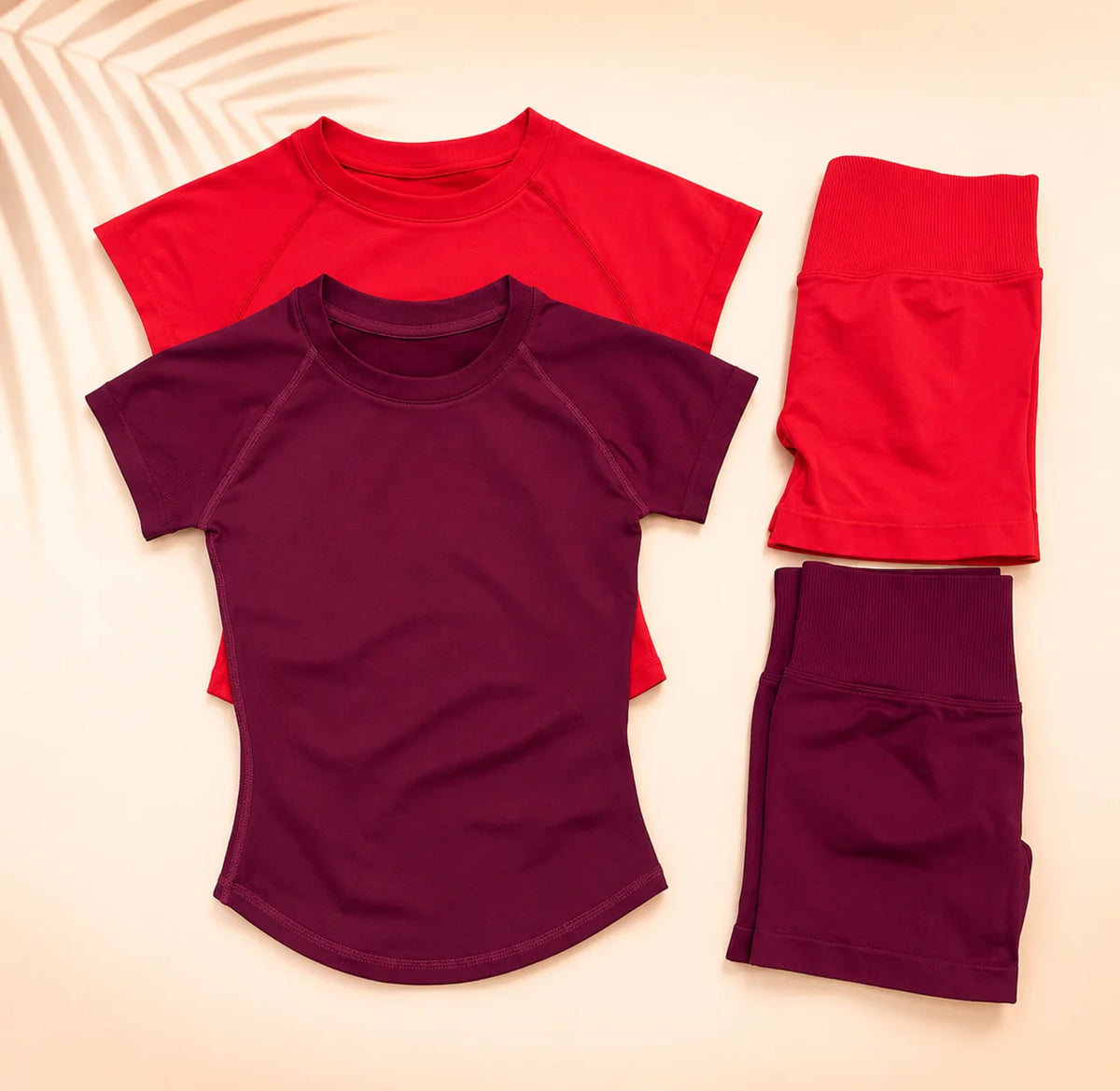 A maroon seamless high-waist yoga set for women shown in various pieces.
