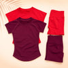 A maroon seamless high-waist yoga set for women shown in a t-shirt, long sleeve top, and leggings.
