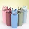 A set of five stainless steel vacuum flask water bottles in various pastel colors with straws.