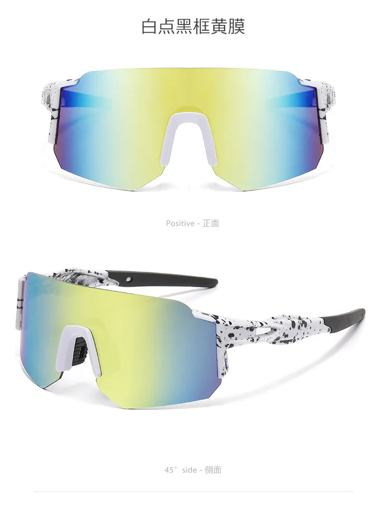 A pair of black and yellow-tinted sunglasses shown in both positive (front) and 45-degree side views.