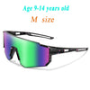 A pair of purple and green UV protection baseball sunglasses for a child.
