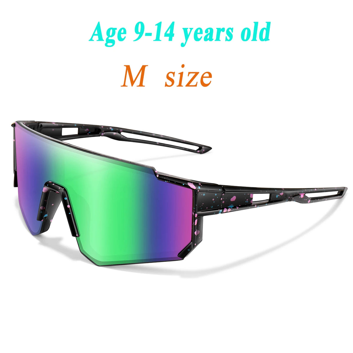 A pair of purple and green UV protection baseball sunglasses for a child.