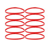 A set of five red multi-functional elastic sports headbands laid out in a row.