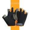 A pair of black fingerless gloves with orange accents displayed against an orange background.