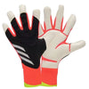A pair of premium latex goalkeeper football gloves, one black and white and one white with orange accents.