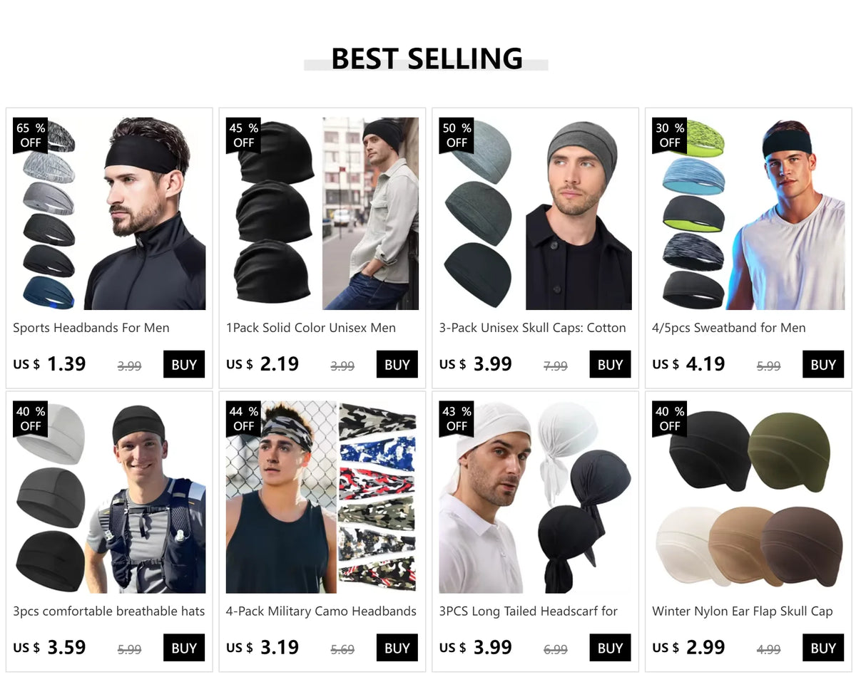 Collection de bandanas sport noires et grises pour hommes, avec casquettes sans genre et motifs camouflage militaire.