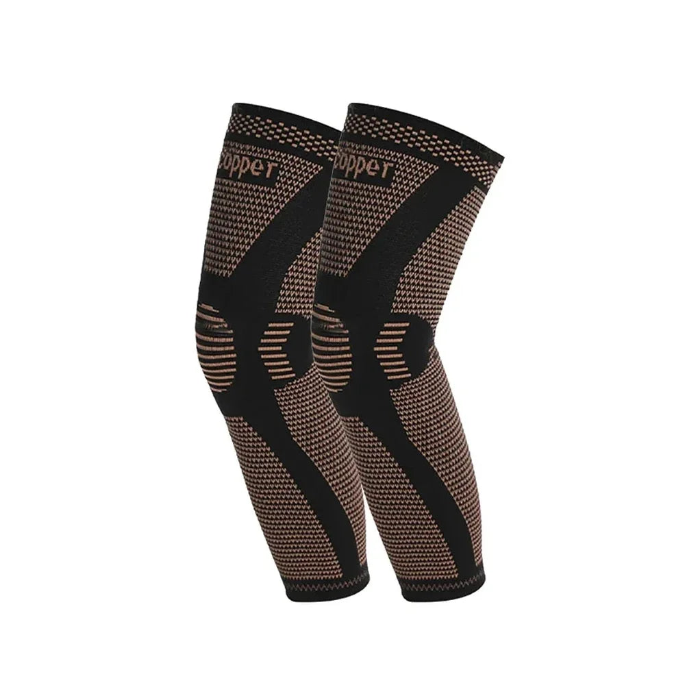 A pair of black knee compression sleeves with a copper-toned geometric pattern.