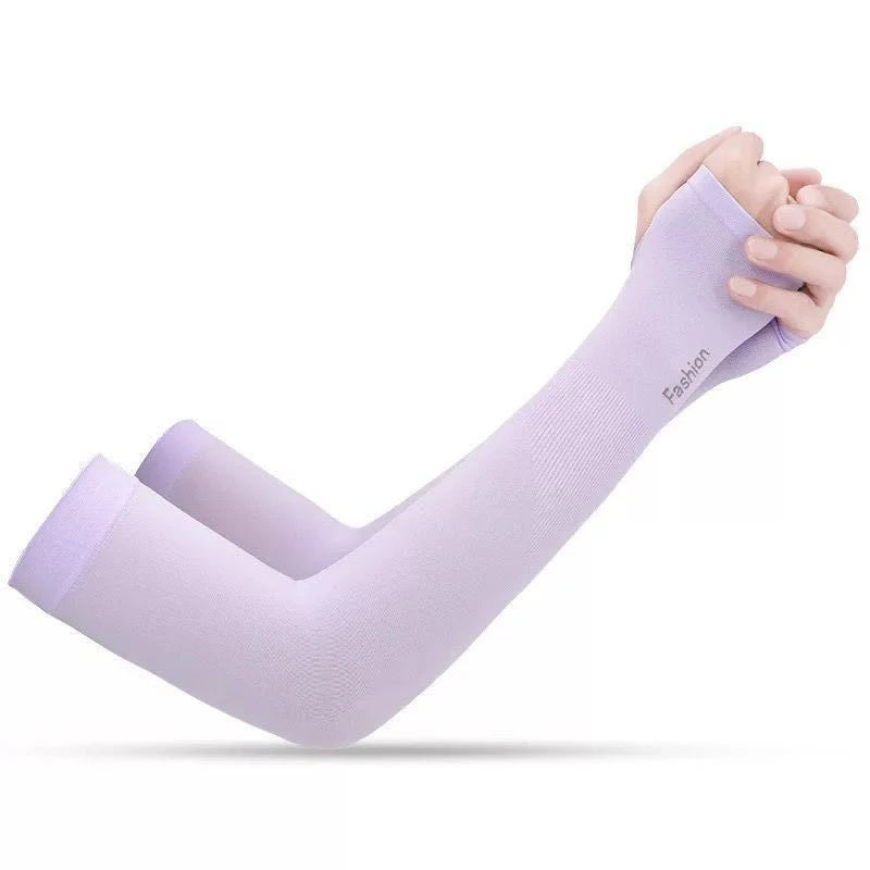 A hand wearing a light purple summer ice silk anti-sunburn arm sleeve.