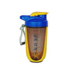 A yellow and blue blender shaker bottle with a mesh strainer attached for sports and gym use.