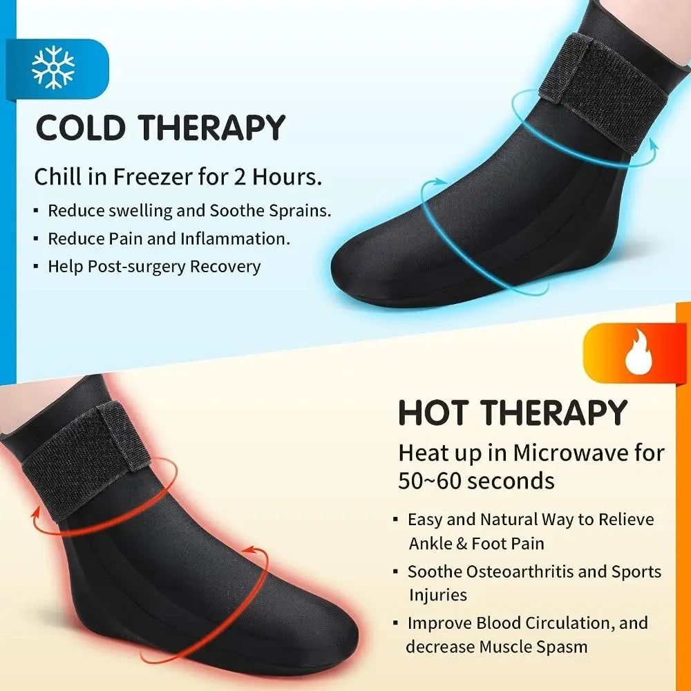 Black reusable therapy socks shown with instructions for cold and hot therapy