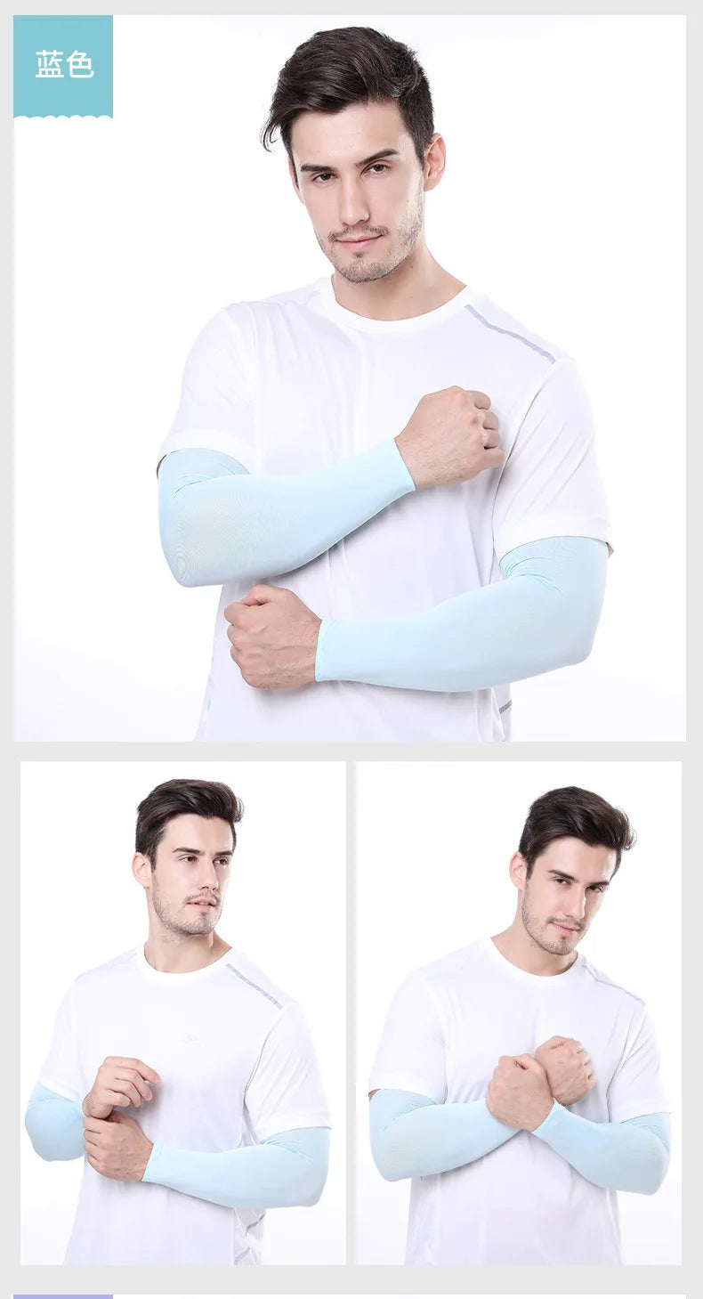 A man wearing white clothing demonstrates light blue cooling arm sleeves for UV protection.