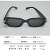 Black sunglasses with spiked rivets for men and women featuring various lens and frame dimensions