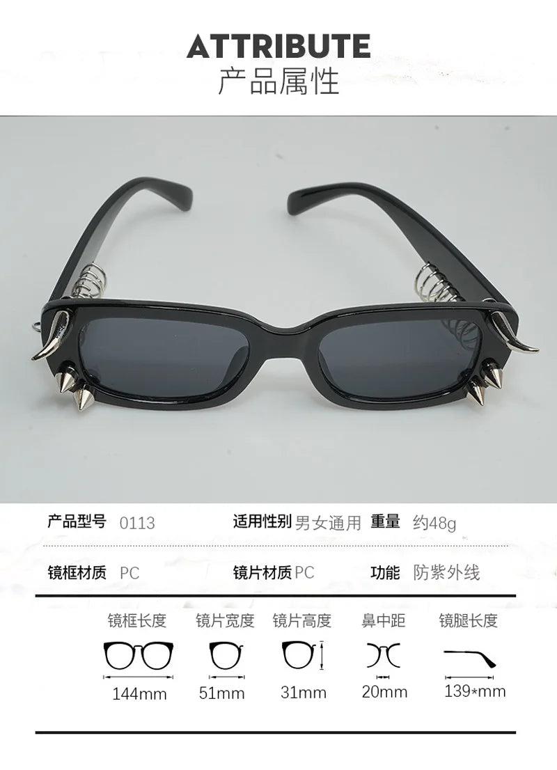 Black sunglasses with spiked rivets for men and women featuring various lens and frame dimensions