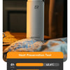 A white insulated thermal water bottle is shown with heat preservation test results displayed on a screen.