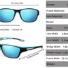 A pair of blue polarized cycling sunglasses with black frames and multi-color lenses shown in various views.