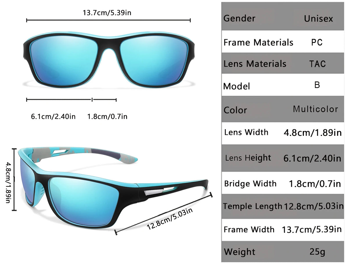 A pair of blue polarized cycling sunglasses with black frames and multi-color lenses shown in various views.