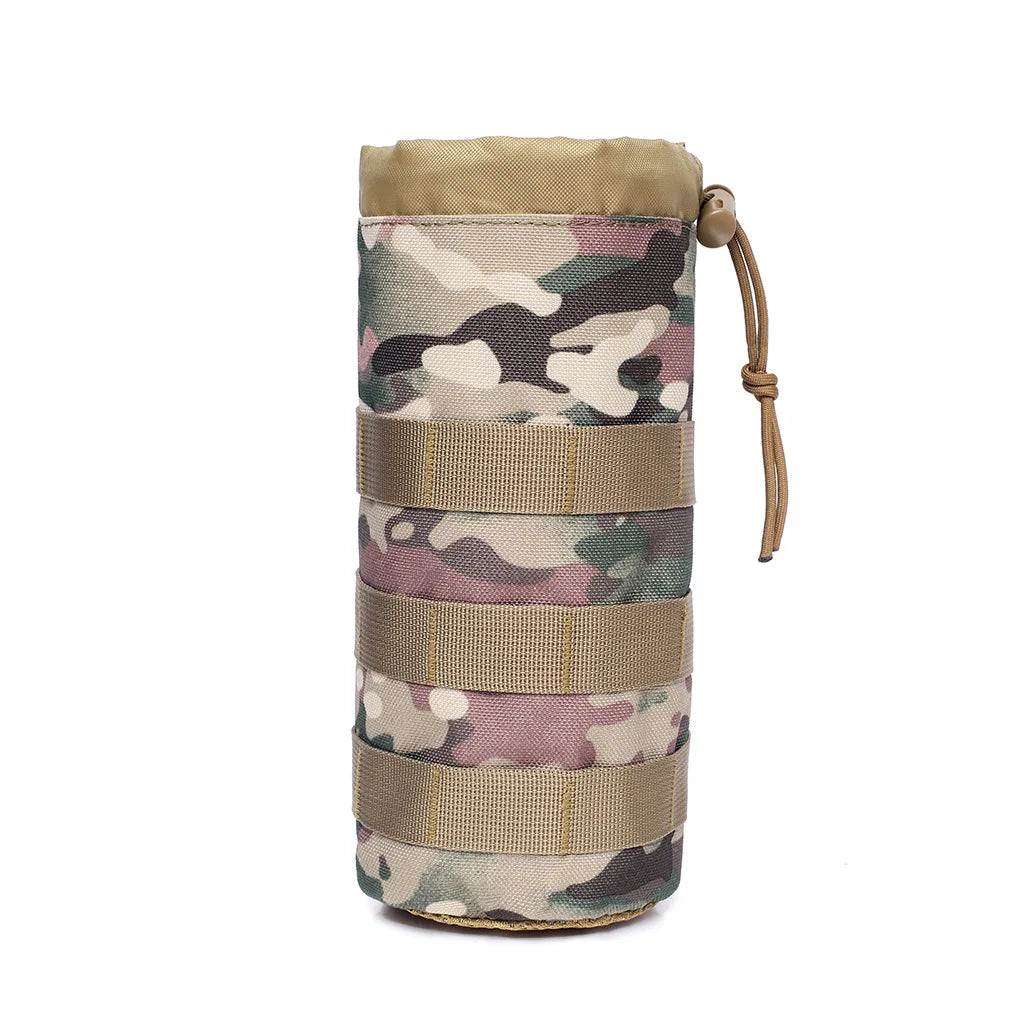 Tactical MOLLE water bottle pouch in camouflage fabric with tan accents and a leather cord.