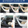A collection of straight-sleeve arm sleeves in white, pink, color, black, and gray shown on a car seat.