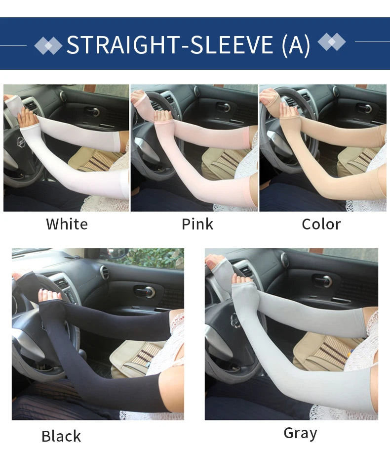 A collection of straight-sleeve arm sleeves in white, pink, color, black, and gray shown on a car seat.