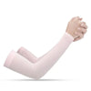 A hand wearing a light pink all-weather arm sleeve, showing sun protection.