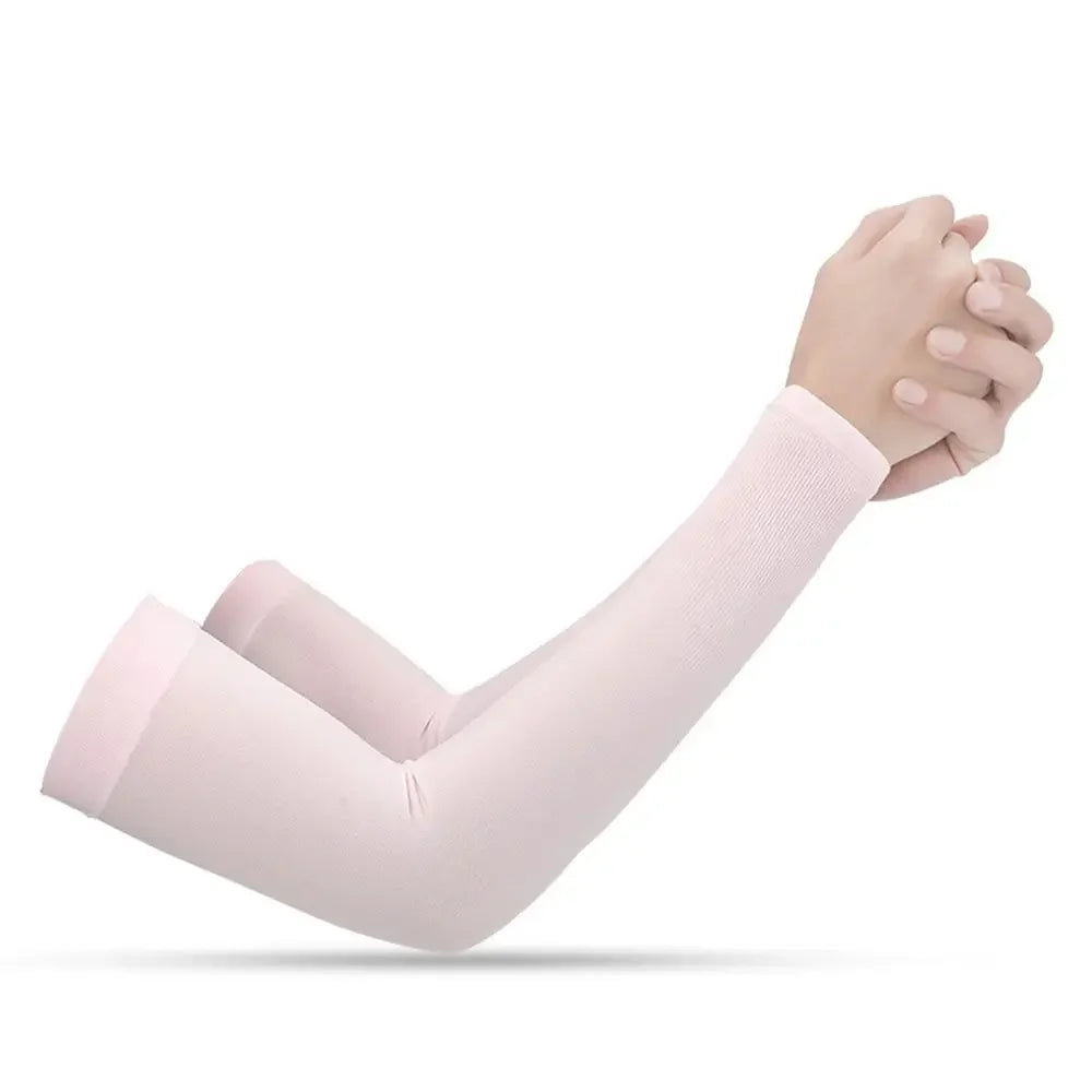 A hand wearing a light pink all-weather arm sleeve, showing sun protection.