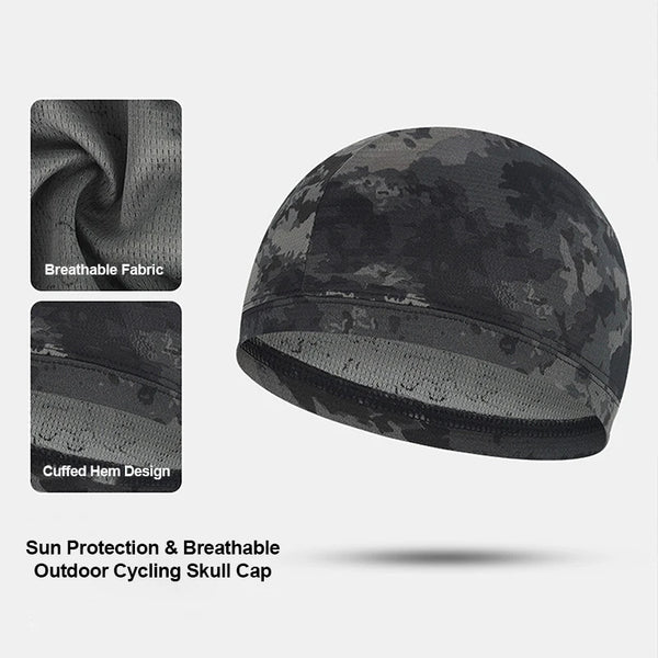 A dark camouflage mesh skull cap shown with close-ups of the breathable fabric and cuffed hem design.