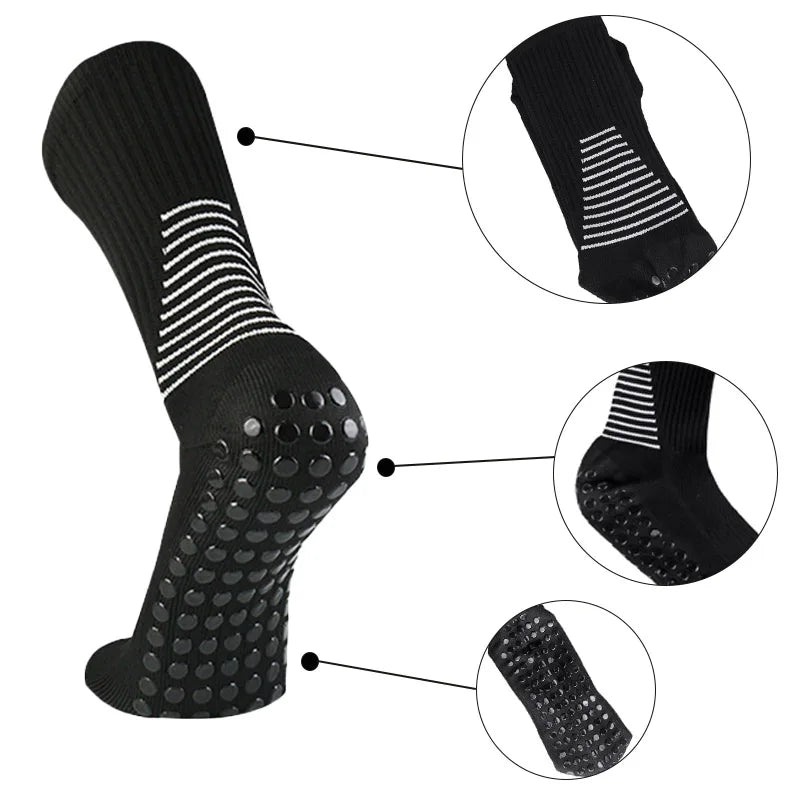 Black performance football socks shown with detailed views of the ankle, foot, and cuff.