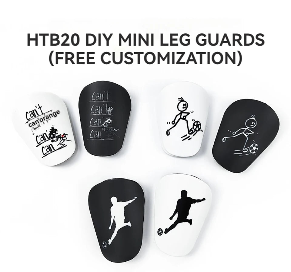 A collection of black and white DIY mini leg guards for customization, showing various designs like soccer players.