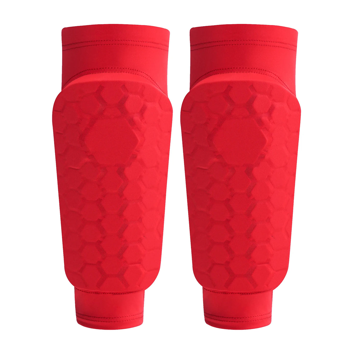 A pair of red lightweight soccer shin guards for calf protection.