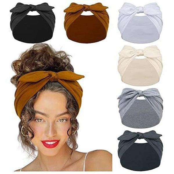 A collection of solid colored bow headbands for hair styling and workout shown alongside a model wearing an orange headband.