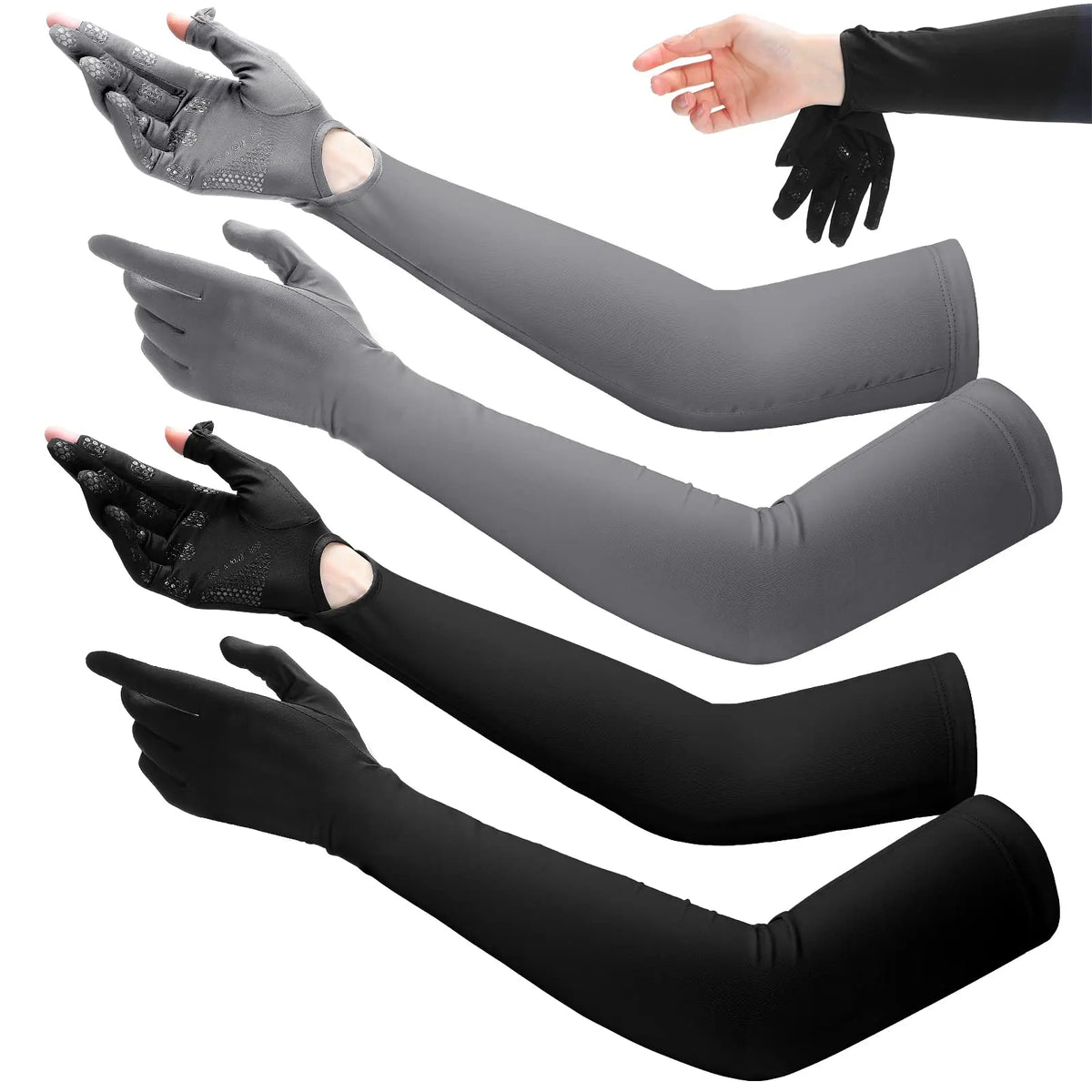 Un juego de tres mangas elásticas de protección UV en gris, negro y negro, mostradas en una mano y brazo.
