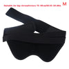 Black inguinal hernia support belt shown flat with a wide elastic band and padded opening
