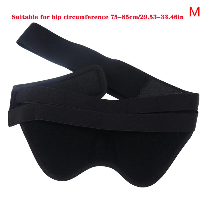 Black inguinal hernia support belt shown flat with a wide elastic band and padded opening