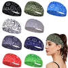 A collection of various patterned elastic sports headbands in black, green, blue, and purple shades.