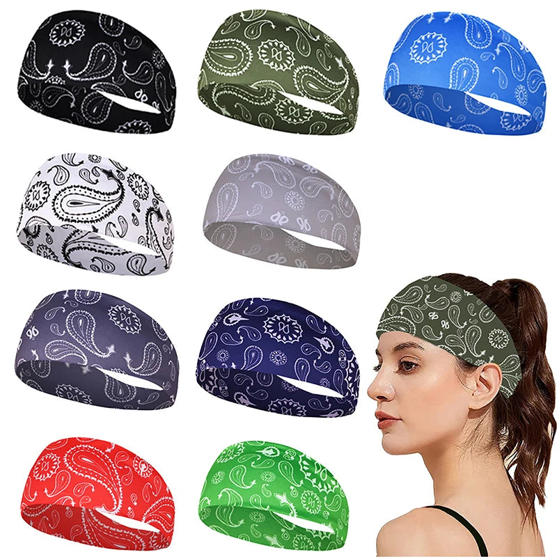 A collection of various patterned elastic sports headbands in black, green, blue, and purple shades.