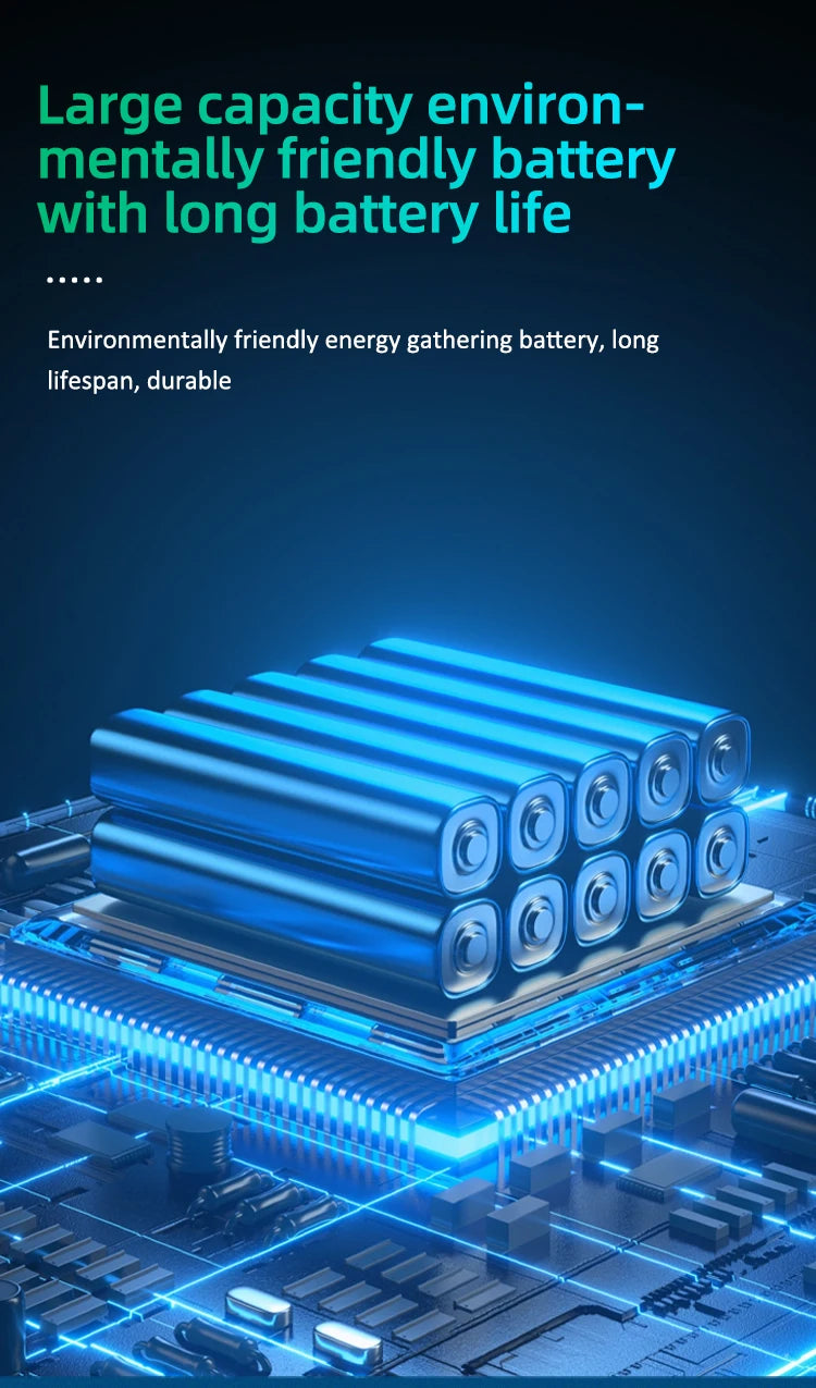 Blue battery cells stacked on a circuit board with glowing blue lines, representing an environmentally friendly energy gather