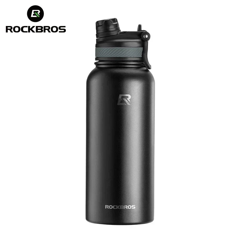 Black insulated stainless steel thermal water bottle with a silver cap and Rockbros logo.