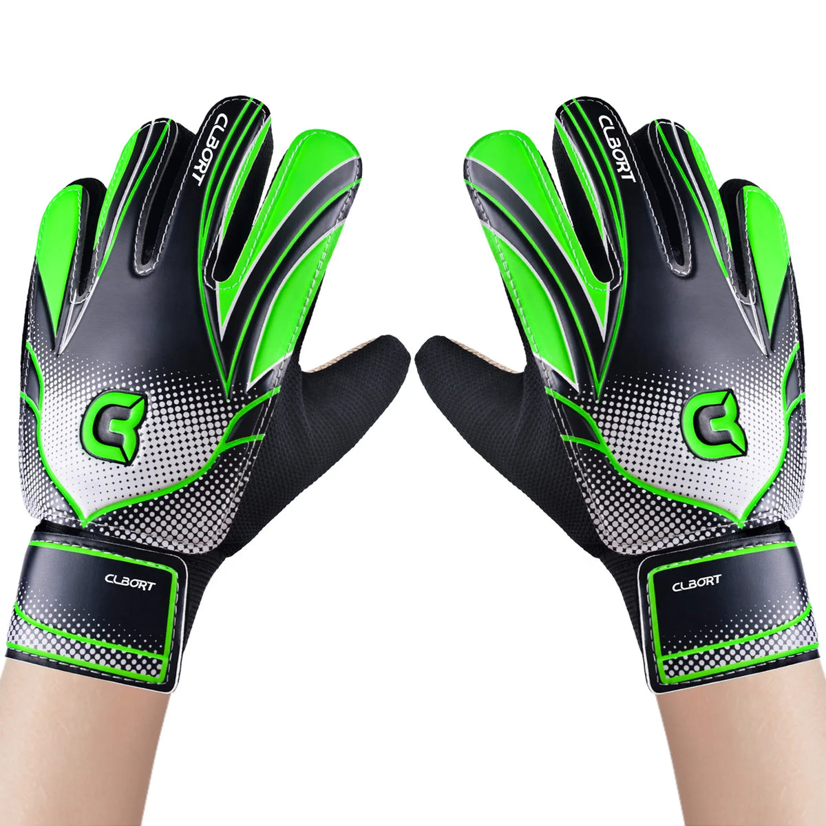 Pair of black and neon green non-slip soccer goalie gloves with double wrist protection
